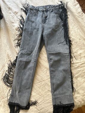 Nasty Gal Gray Denim Boot-Cut Jeans with Black Fringe Trim